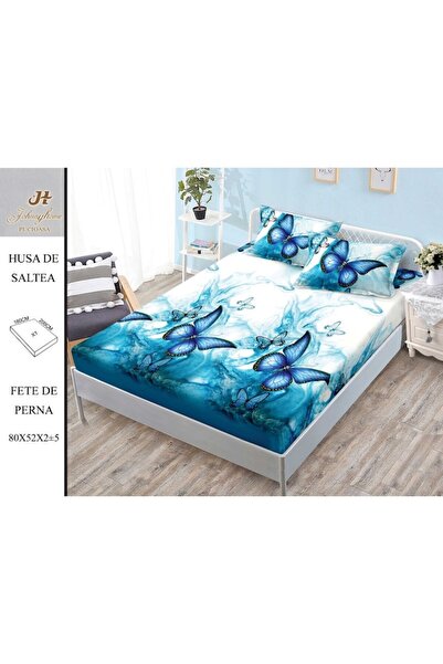 OEM Husa de Pat, cu Elastic, 3 Piese, Finet, 180x200cm, Imprimeu Fluturi, Turcoaz-Alb