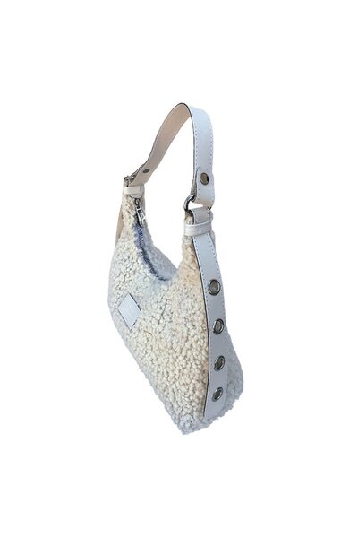 OEM White bag made of wool-like material with leather strap, 30x26 cm