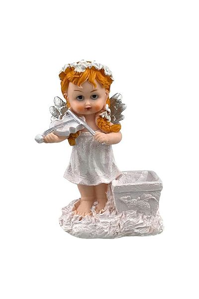 OEM Angel Decoration with Pot and Violin, resin, 12x19 cm, white