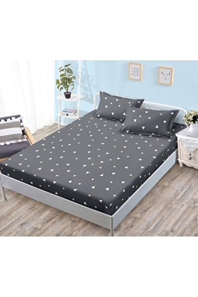 OEM Fitted sheet set, 3 pieces, satin cotton, 180x200cm, triangular, dark grey-white