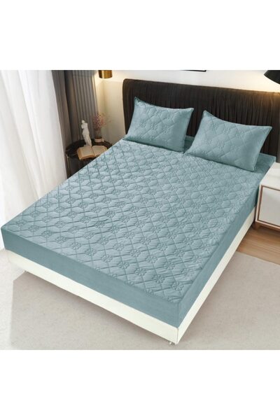 OEM Husa de pat si 2 fete de perna, Topper Matlasat, Catifea, 180X200cm, Gri Albastrui