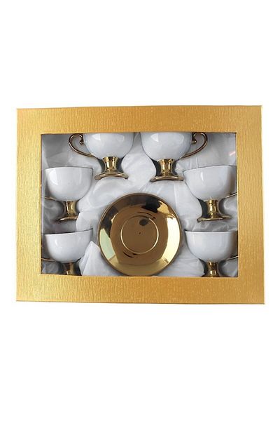 OEM Set din ceramica format din sase cesti cu picior si sase farfurii, model LUX Design, auriu metalizat
