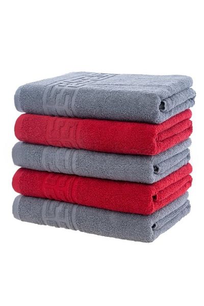 OEM Set 5 bath towels, Cotton, Bicolor, Greek Border, 500g/m², 70x140cm, Gray-Red
