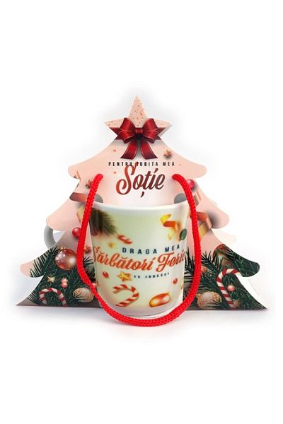 OEM Set 10 căni ceramice cu modele de Crăciun și dedicație pentru soție, 150ml