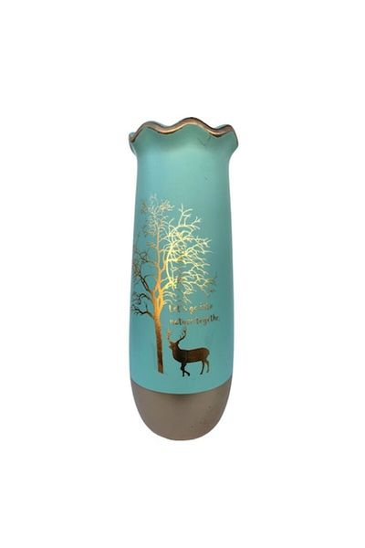OEM Ceramic Vase with Wide Mouth, Deer and Tree Design, Turquoise, 11x30 cm