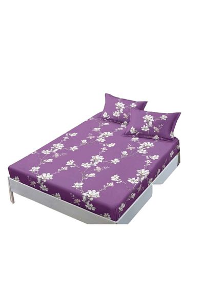 OEM Husa de pat si fete de perna, Finet, 3 piese, 1 persoana, 140x200cm, imprimeu Flori, Alb-Mov