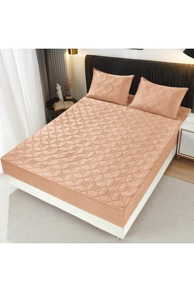 OEM Husa de pat si 2 fete de perna, Topper Matlasat, Catifea, 180X200cm, Cafea cu Lapte