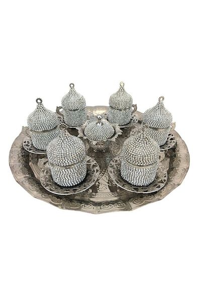 OEM Set de ceai/cafea din ceramică cu șase cești, farfurioare, zaharniță și tavă, decorat cu cristale, M3, 37