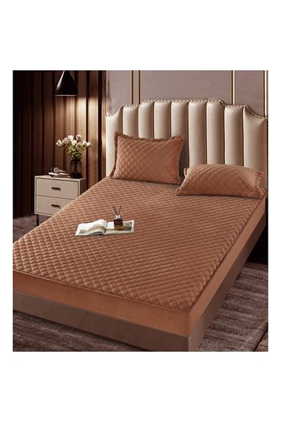 JOJO HOME Husa de pat si 2 fete de perna, Jojo Home, Catifea, Model Romburi, Topper Matlasat, 160x200cm, Maro