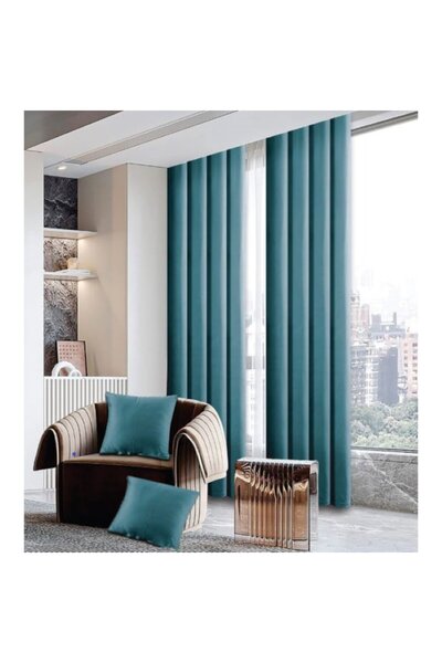 OEM Set 2 draperii si 2 fete de perne, Tercot, 4 piese, Uni, 150x245cm, Albastru