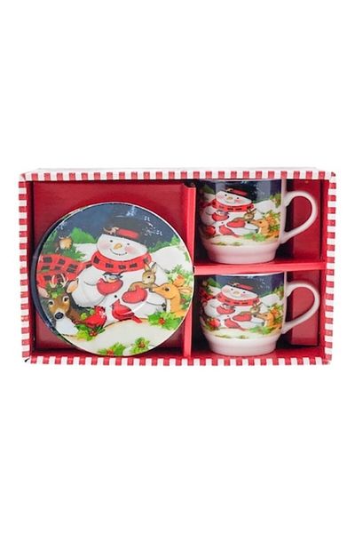 OEM Set din ceramică format din două cești cu farfurii cu imagini de Crăciun, 24x15 cm M4