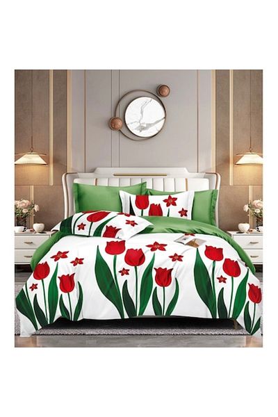 OEM Lenjerie de pat, Imprimeu Lalele, 4 Piese, 2 persoane, 230x250cm, Bumbac, Multicolor