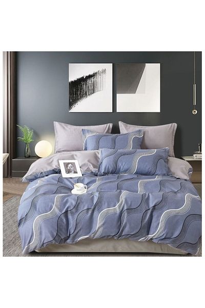 OEM Double Face Bedding Set, Abstract Print, 6 Pieces, 2 Persons, 180x200cm, Finet Satin, Blue-Multicolo