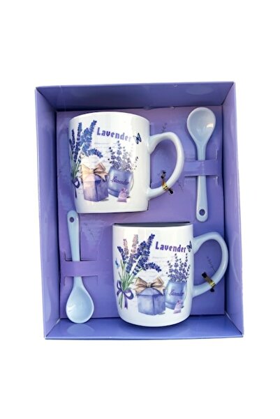 OEM Set de două căni ceramice cu lingurițe cu lavandă, 200 ml, M1