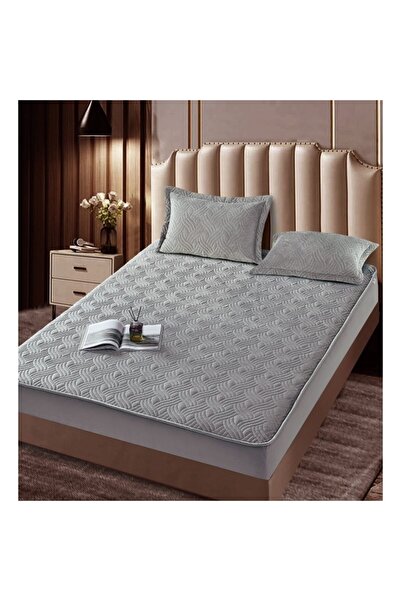 JOJO HOME Husa de pat si 2 fete de perna, Jojo Home, Catifea, Model Matlasat, 180x200cm, Gri Deschis