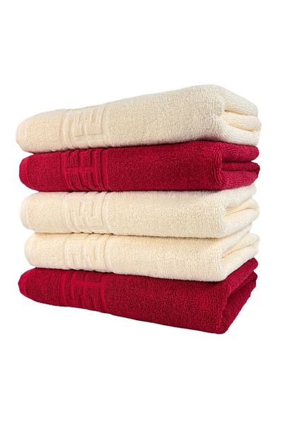 OEM Set of 5 Bath Towels, Cotton, Bicolor, Greek Border, 500g/m², 70x140cm, Red-Ivory