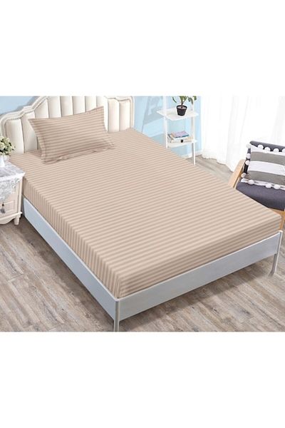 OEM Cearșaf și 2 fețe de pernă cu elastic, Sonia-Home, Damasc, Persoană singură, Uni, 90x200cm, Bej