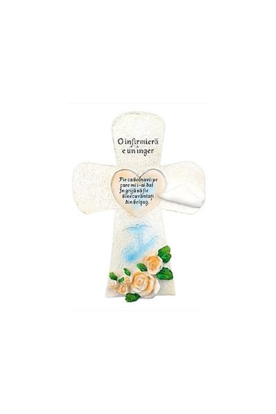 OEM Resin cross with flowers and text, 17x24 cm