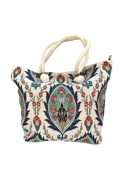 OEM Geanta din material textil cu model floral si toarte groase din sfoara, M3, 35x34 cm