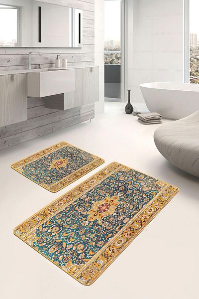 Realhomes Blue Background Yellow Framed Classic Motif 2-Piece Non-Slip Base Washable Bath Mat Set