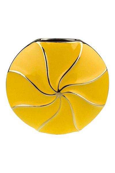 OEM Ceramic Vase with Golden Stripes, Round Shape, Yellow