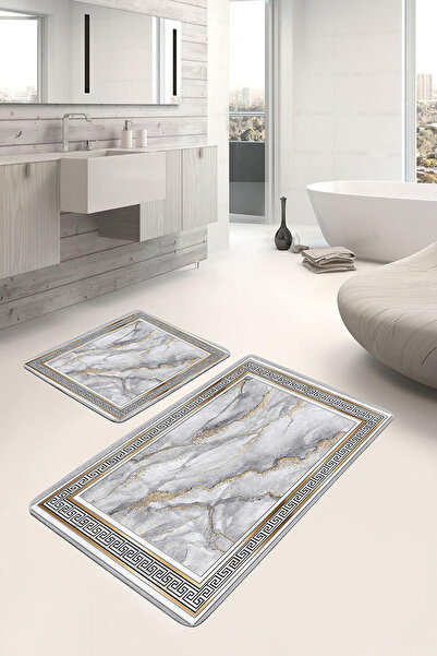 Realhomes مجموعة من قطعتين من سجادة الحمام القابلة للغسل بقاعدة مضادة للانزلاق مع إطار رمادي-أسود منقوش بالرخام