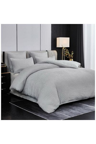 OEM Lenjerie de pat, Grofat Model Patratele, Uni, Finet, 6 piese, 2 persoane, 230x250cm, Gri Deschis