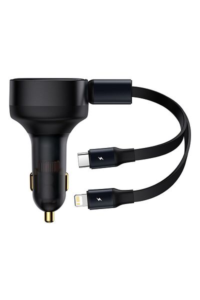 Baseus Ładowarka samochodowa 2w1 USB-C + iPhone Lightning zwijany przewód 75cm 30W - czarny