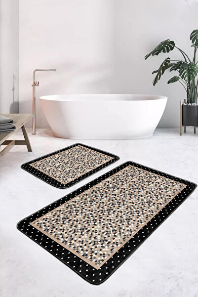 Realhomes مجموعة سجادة حمام منقوشة بالفسيفساء باللونين الأسود والبيج مكونة من قطعتين وقاعدة مضادة للانزلاق وقابلة للغسل
