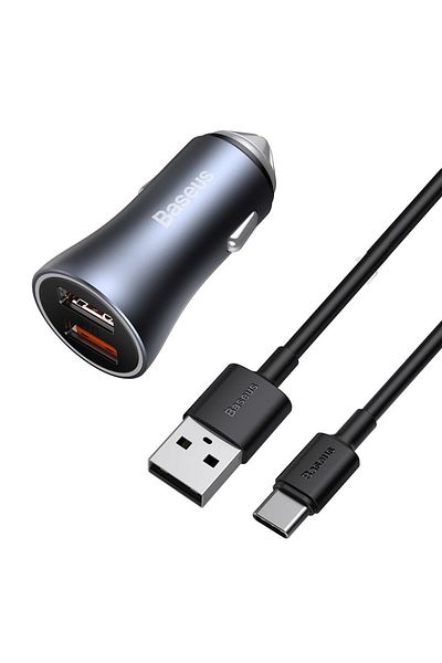 Baseus Szybka ładowarka samochodowa 2x USB 40W QC SCP FCP AFC + kabel USB-C szary