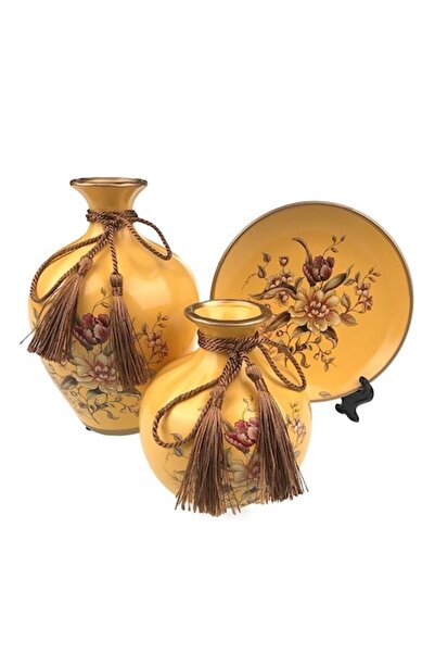 OEM Set ceramic cu două vaze și farfurie decorativă, model floral, 28x19 cm