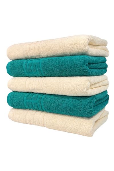 OEM Set 5 Bath Towels, Cotton, Two-Tone, Greek Border, 500g/m², 70x140cm, Ivory-Dark Green