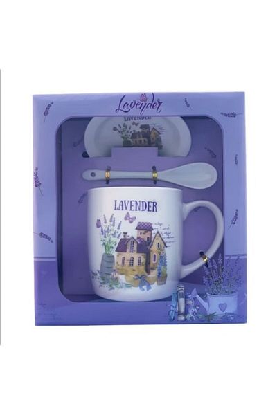 OEM Set Cana din Ceramica Pentru Cadou Scop®, Include Lingurita si Farfurie, in cutie eleganta, Lavende
