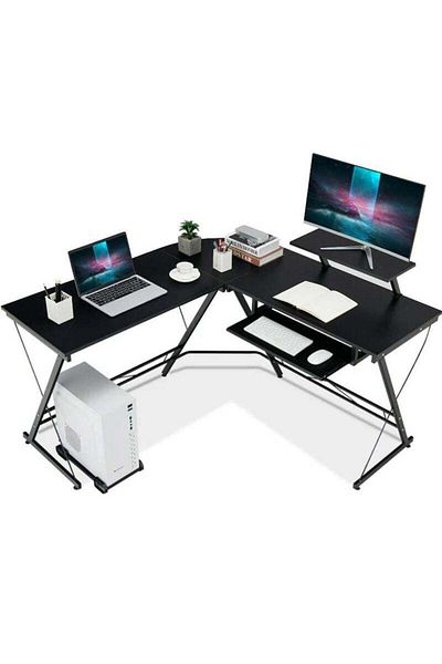 COOYA L Shaped Gaming Desk, Computer Desk with Monitor Stand,office desk,Carbon Fiber Surface, Black