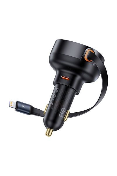 Baseus Ładowarka samochodowa ze zwijanym kalblem do iPhone Lightning USB-C 60W czarna