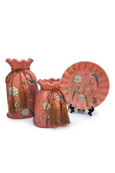 OEM Set de două vaze ceramice cu farfurie, design păun, M4, 39x23 cm