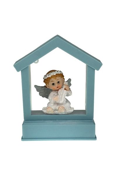OEM Decoratiune ingeras cu casuta si vioara, 14x17 cm, alb-albastru, rasina