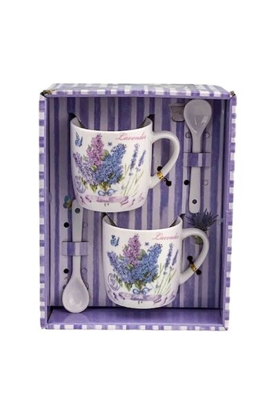 OEM Set de două căni cu design lavandă, include lingurițe