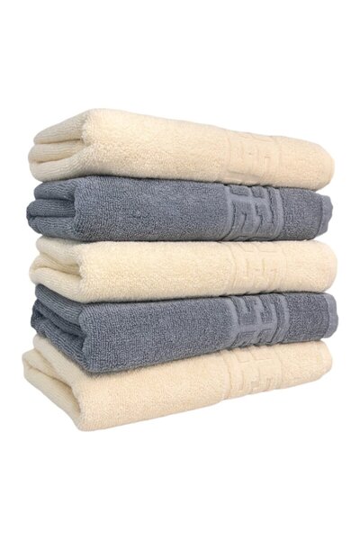 OEM Set 5 bath towels, Cotton, Bicolor, Greek Border, 500g/m², 70x140cm, Gray-Ivory