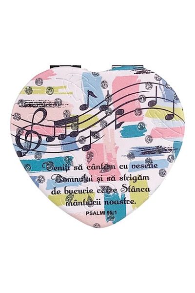 OEM Oglindă de buzunar acoperită cu material textil, formă de inimă cu text biblic, 7x7 cm, multicoloră