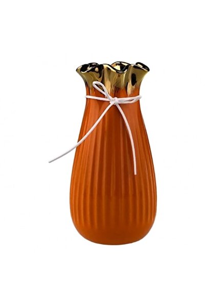 OEM Ceramic Vase with Stripes and Wave-Shaped Mouth 10x20 cm Peach-Gold