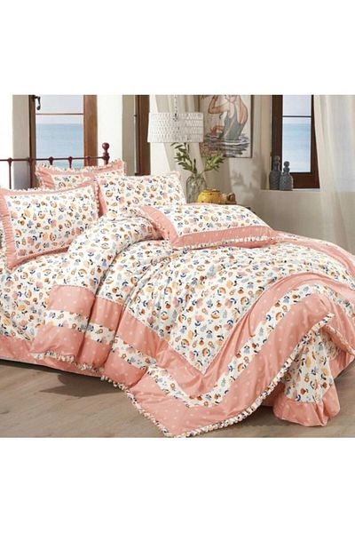 OEM Luxury Coral Floral Bed Linen Set with Ruffles, Cotton Finet, 4 Pieces, Multicolor