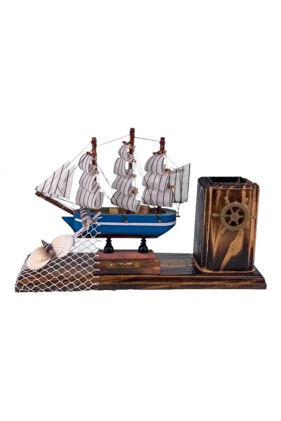 OEM Decoratiune Birou cu Suport Pix, Model Vapor, Lemn, 22x13cm, Maro-Albastru