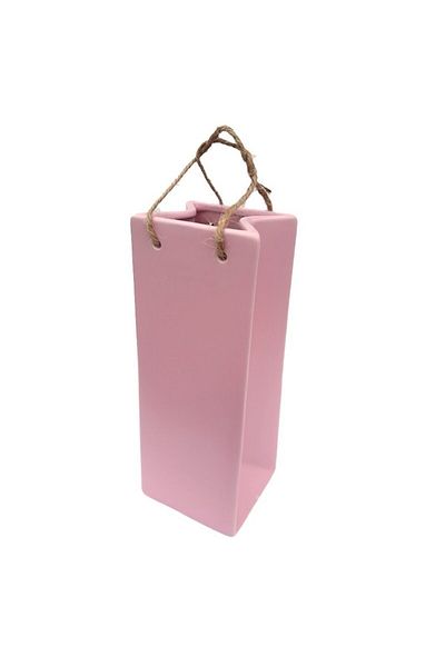 OEM Vază ceramică în formă de pungă de cadou cu mânere din frânghie, roz, 10x26 cm