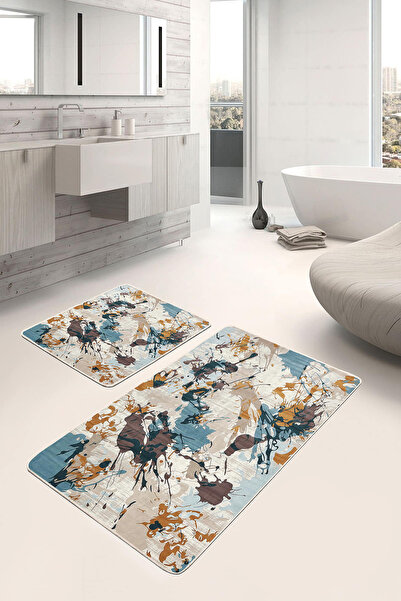 Realhomes Blue Brown Abstract Patterned 2-Piece Non-Slip Base Washable Bath M...