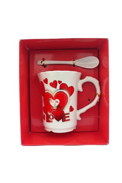 OEM Ceramic mug with spoon, hearts and 'Love' text, 15x19cm, M2