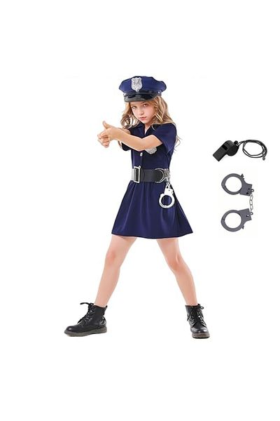 OEM Girl's Police Costume, Set with Cap, Whistle and Handcuffs, 5-6 years, 130 cm, Navy Blue