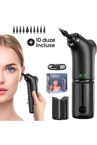 GlowforHome Aparat pentru curatat urechile, GlowforHome, pentru ceara, Kit 10 duze, acumulator, Capacitate 250ml