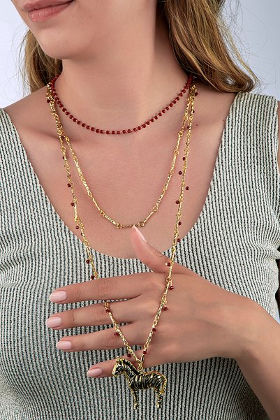 innuendo jewelery Zebra Figured Burgundy Beaded & Stick Chain Triple Long Necklace Set