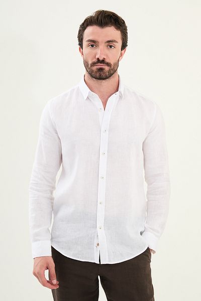 Mcr Plain Slim Fit Long Sleeve 100% Linen Men's Shirt White - 27079.25Y